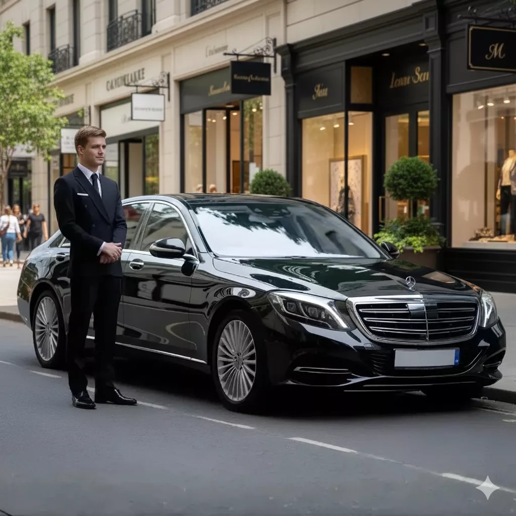 A chauffeur in black dress standing beside a luxury black sedan