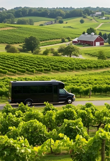 A black party bus travlling towards vineyards