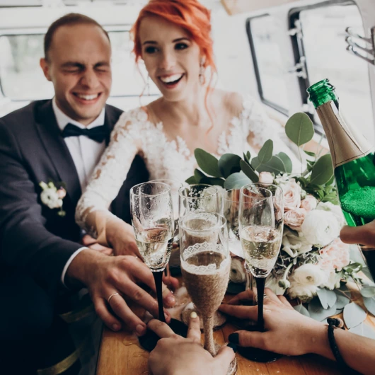 A newly wed couple enjoygin in a wedding party bus