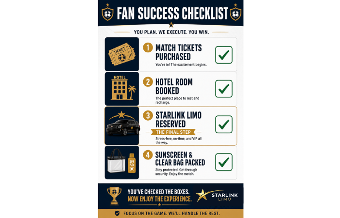 2026 World Cup success checklist Tickets, hotel, Starlink Limo reservation, and clear bag packing essentials.