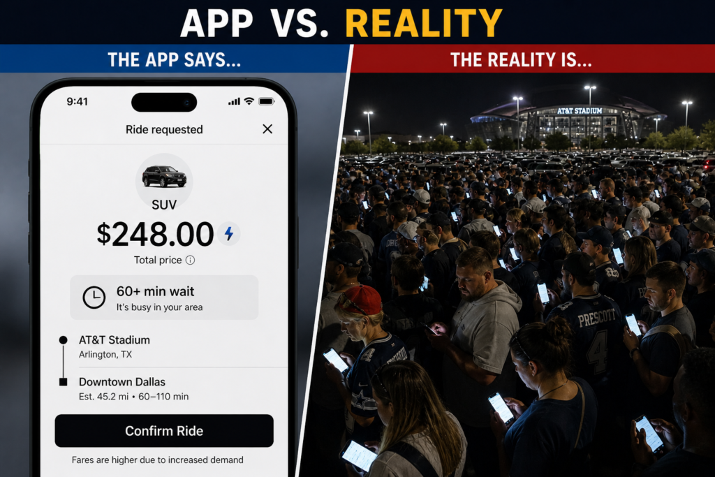 App vs. reality comparison Phone screen showing a $248 surge price and 60-minute wait in a chaotic, crowded parking lot.