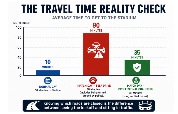 Bar chart Comparing 10-minute normal travel time to 90 minutes for self-driving vs. 35 minutes with a professional driver.