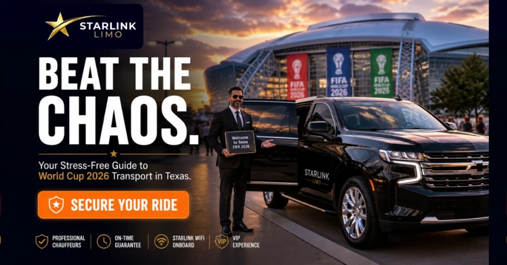 Luxury chauffeur holding welcome sign beside black SUV at stadium during sunset, offering VIP World Cup 2026 transport in Texas.