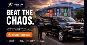 Luxury chauffeur holding welcome sign beside black SUV at stadium during sunset, offering VIP World Cup 2026 transport in Texas.