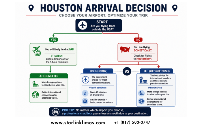 Houston airport decision tree Comparing IAH and Hobby (HOU) travel times and chauffeur benefits for World Cup fans.