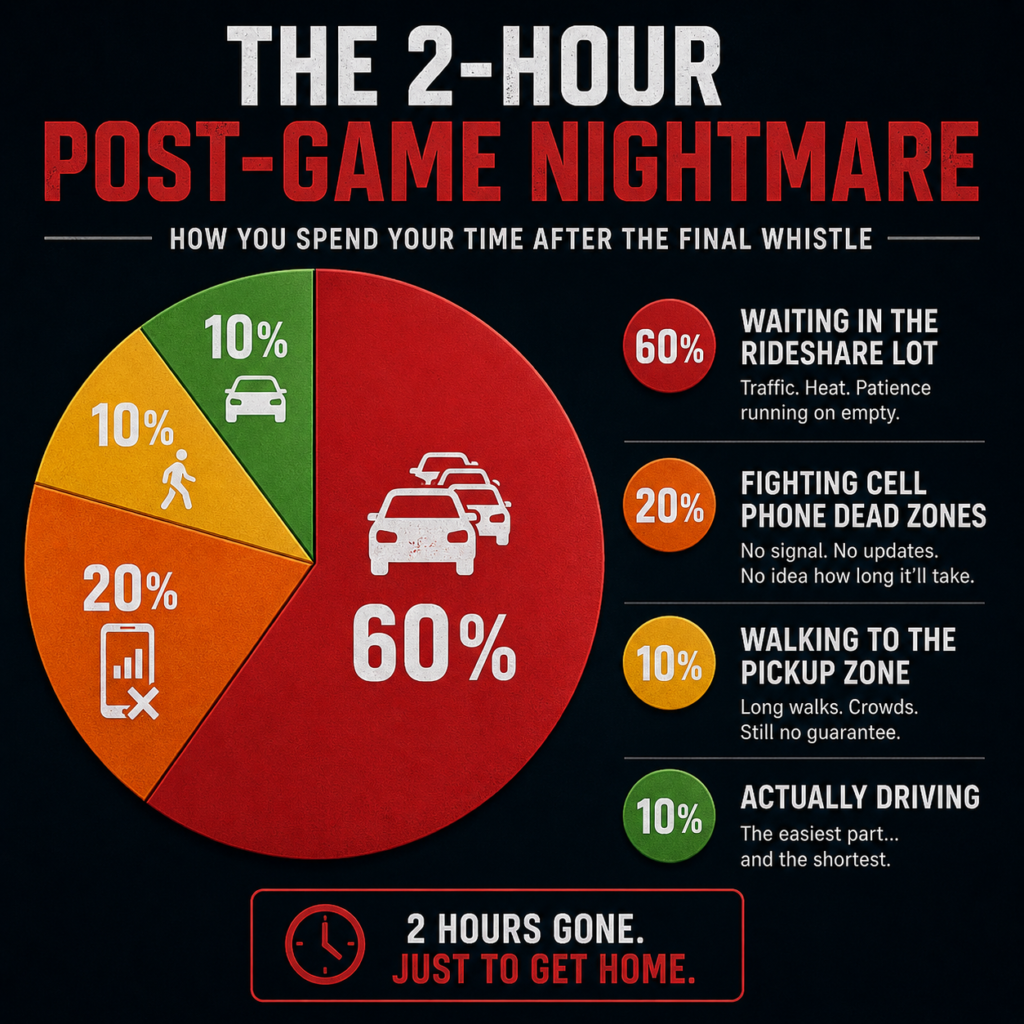 Pie chart 2-hour post-game nightmare showing 60% of time spent waiting in rideshare lots compared to other delays.