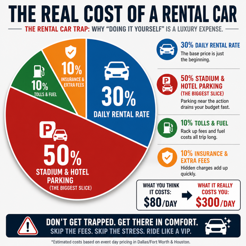 Pie chart Hidden costs of World Cup rental cars, showing parking as the largest expense over daily rates and tolls.