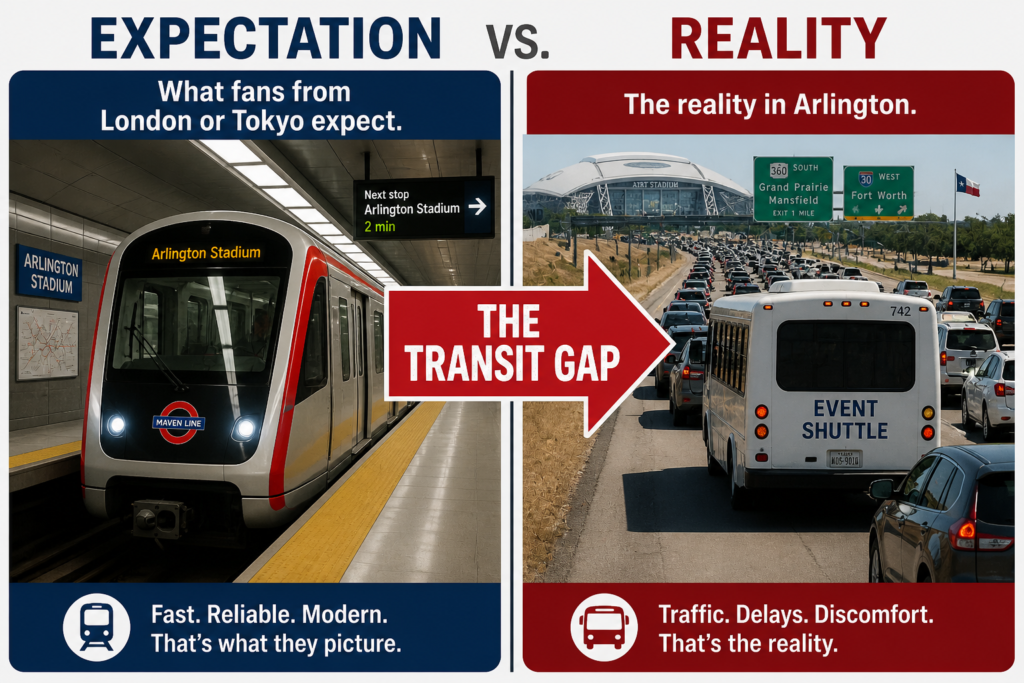 Split graphic: Fans from London using subway vs. crowded Arlington shuttle bus traffic for World Cup 2026, labeled "The Transit Gap.