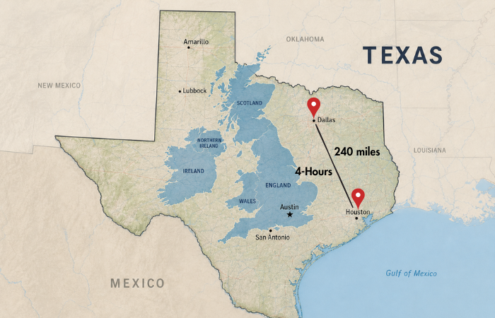 Texas Overlay Map which shows distance & travel time between Dallas and Houston