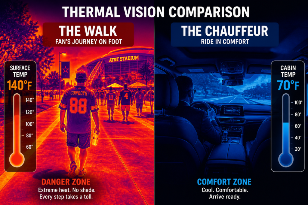 Thermal vision comparison 140 degree heat for stadium walkers vs. 70 degree climate control in a luxury SUV.