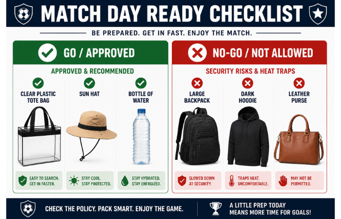 Visual security guide for World Cup fans Clear bags and sun hats marked Approved, versus backpacks marked Prohibited.