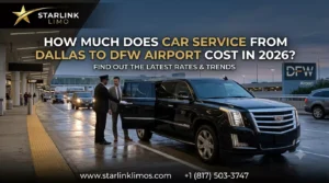 Starlink Limo chauffeur with luxury SUV at DFW Airport, illustrating Dallas to DFW airport car service cost.