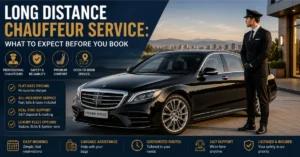 Professional chauffeur standing beside a black luxury sedan for a long-distance chauffeur service with premium door-to-door transportation.