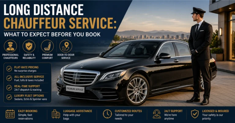 Professional chauffeur standing beside a black luxury sedan for a long-distance chauffeur service with premium door-to-door transportation.