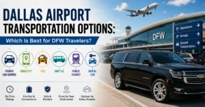 Dallas airport transportation options at DFW with private car service, rideshare, taxi, shuttle, public transit, and rental car.