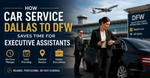 Executive assistant using a car service Dallas to DFW with a professional chauffeur outside DFW Airport before an airport transfer.