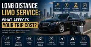 Black sedan for long-distance limo service with luggage and pricing factors.