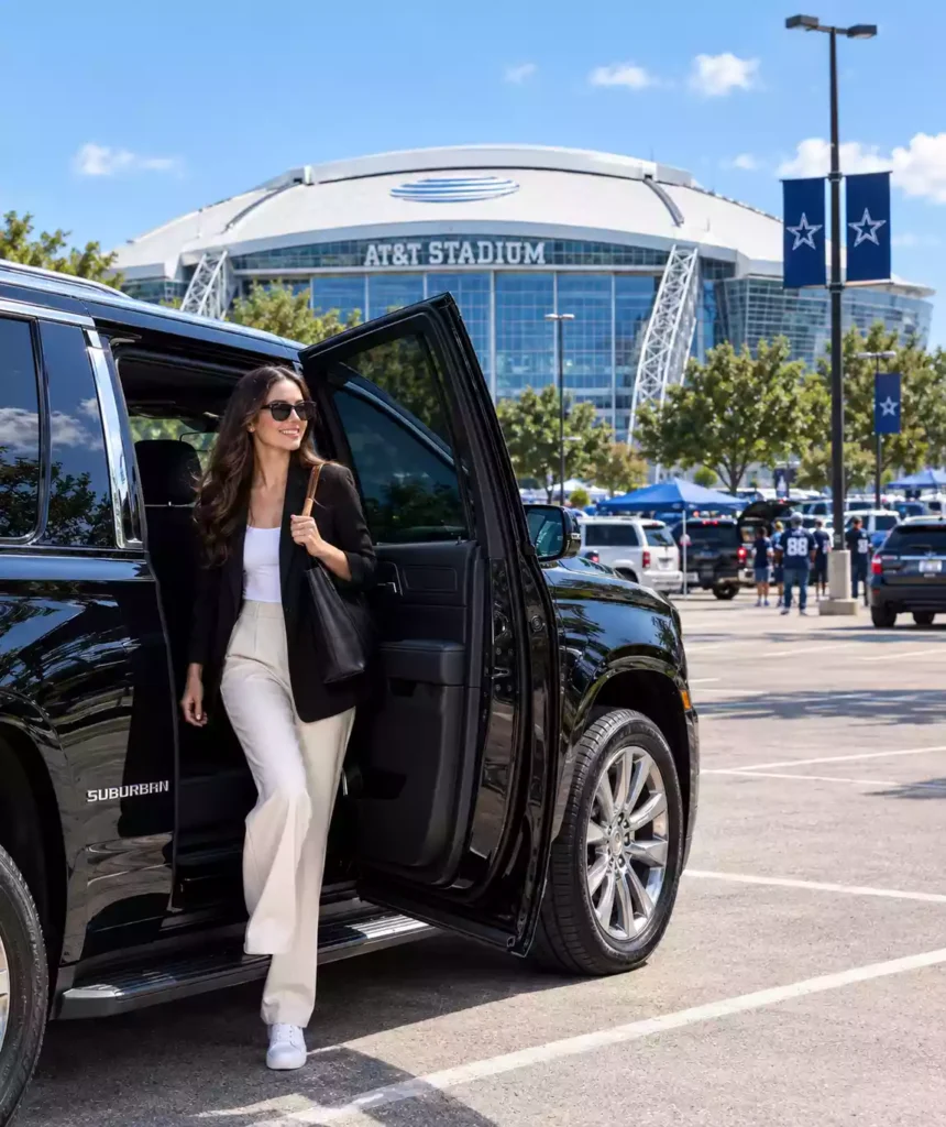 a stylish woman steps out of a black chevrolet suburban in the at&t stadium parking lot