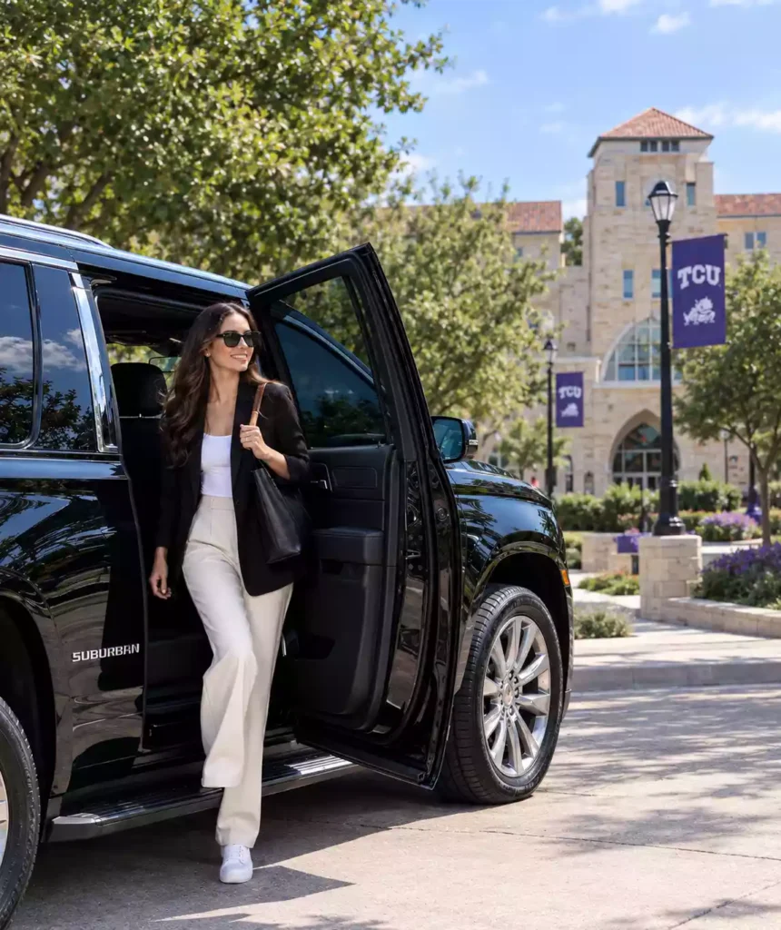 a woman steps out of a black chevrolet suburban on the tcu campus