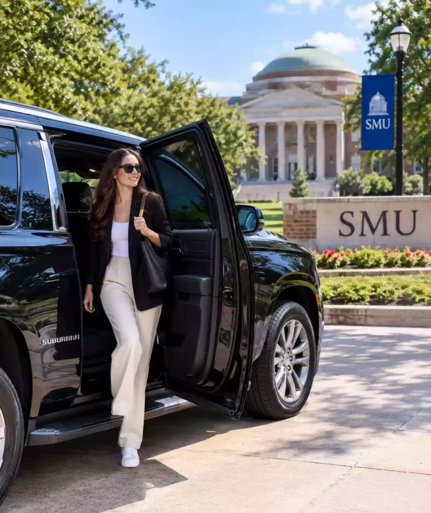 black chevrolet suburban arriving at smu campus with passenger stepping out.