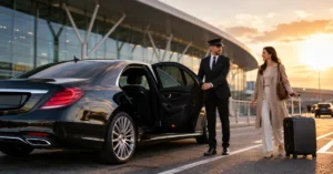 DFW car service chauffeur assisting a passenger with luggage at the airport