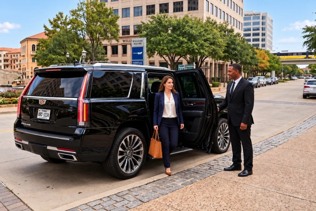 Business traveler exiting a black Cadillac Escalade with chauffeur service in Las Colinas, Irving