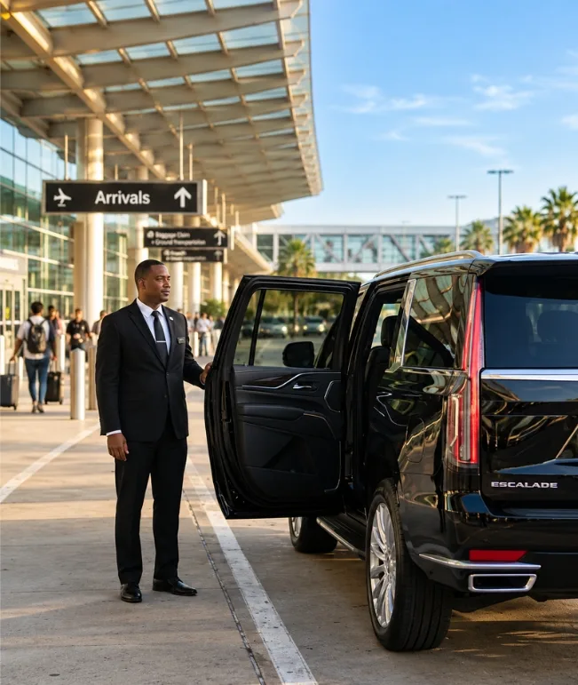 Professional chauffeur with a black Cadillac Escalade at an airport arrivals terminal for Waco airport car service.