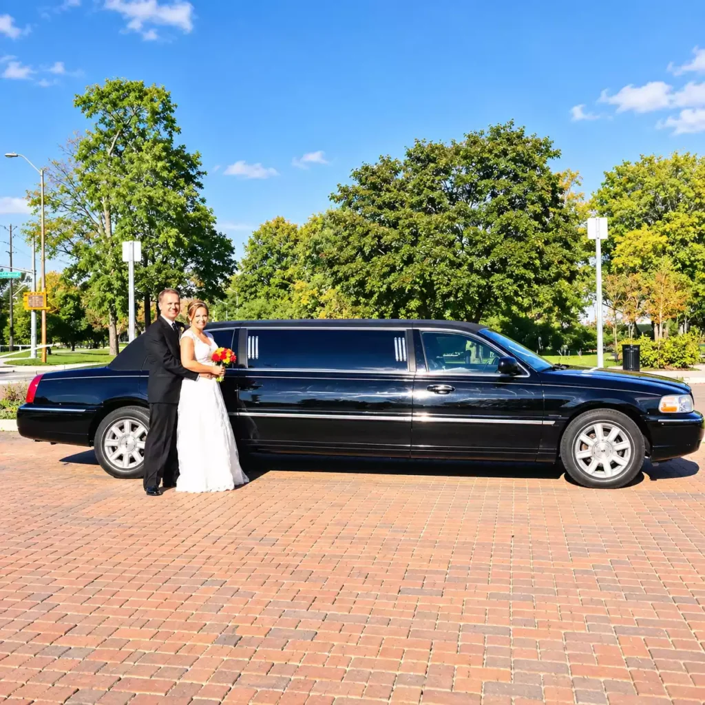 wedding limo service in weatherford tx wedding couple standing infront of lincoln stretch limo