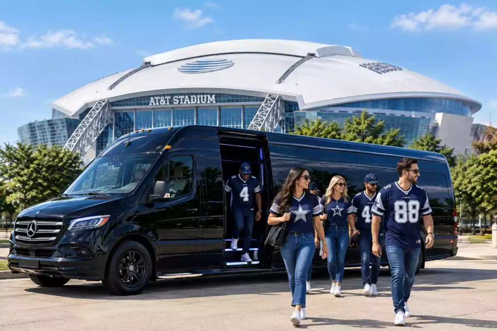 fans coming out from sprinter limo to enjoy game in at&t stadium