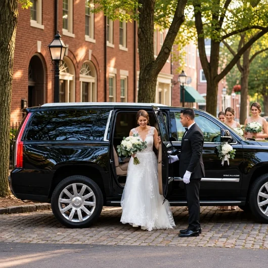 Bride stepping out of a black SUV with a chauffeur and wedding party in Keller, Texas.