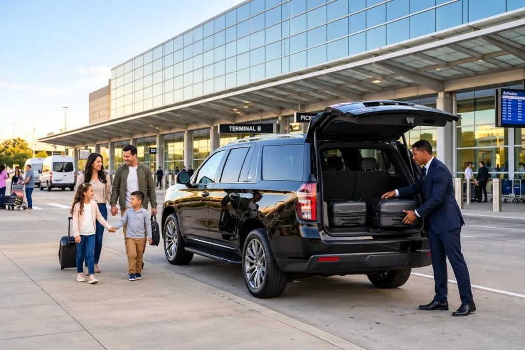 Chauffeur loading luggage into a black SUV for a family airport transfer at Terminal B.